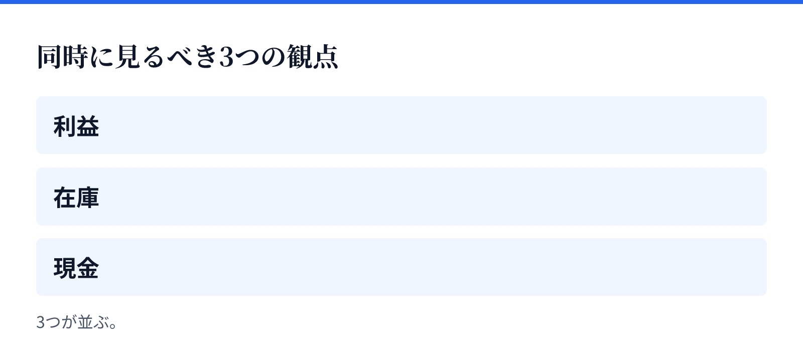 同時に見るべき3つの観点。3つが並ぶ。利益、在庫、現金